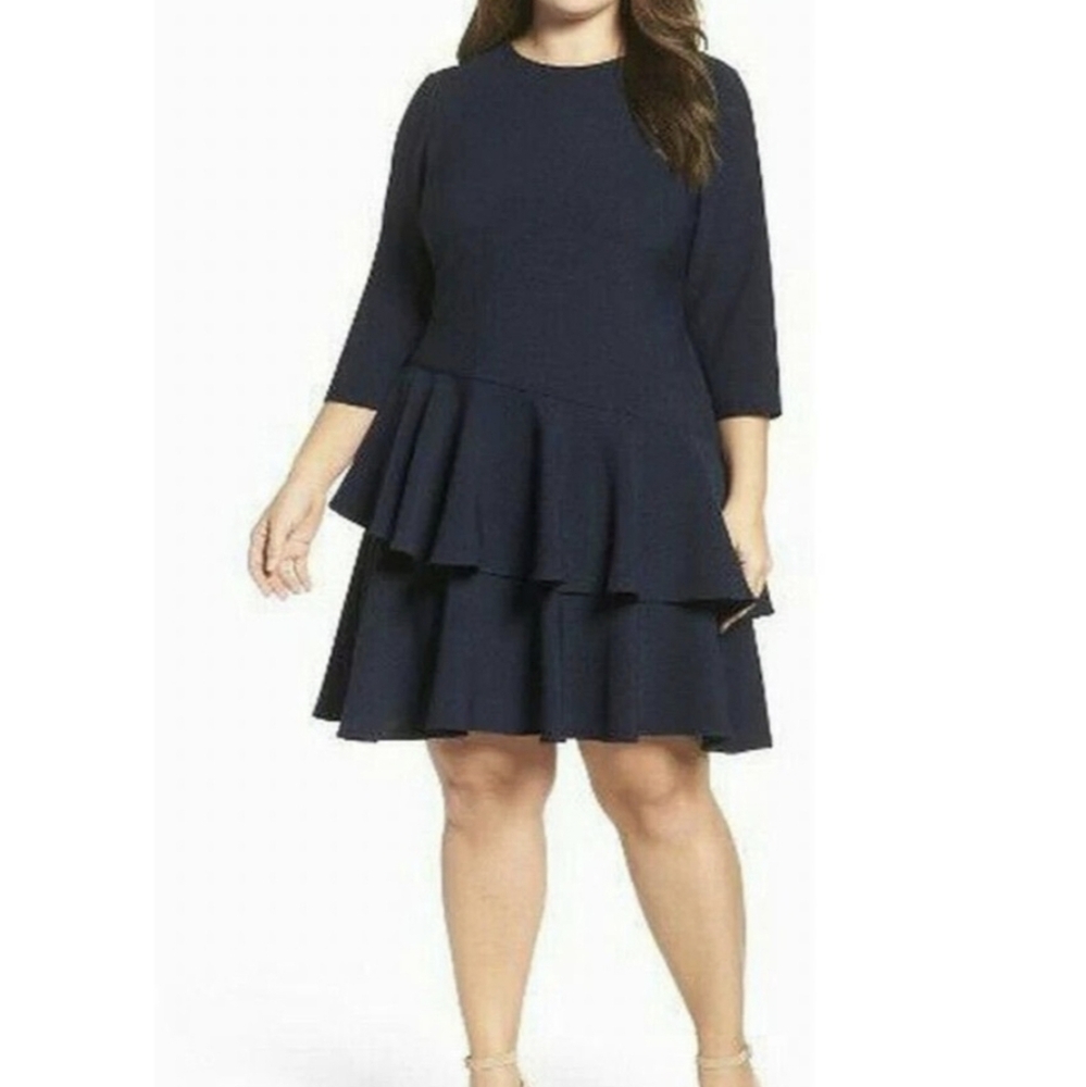 Eliza J Tiered Ruffle Knit Dress Navy Blue size 16W